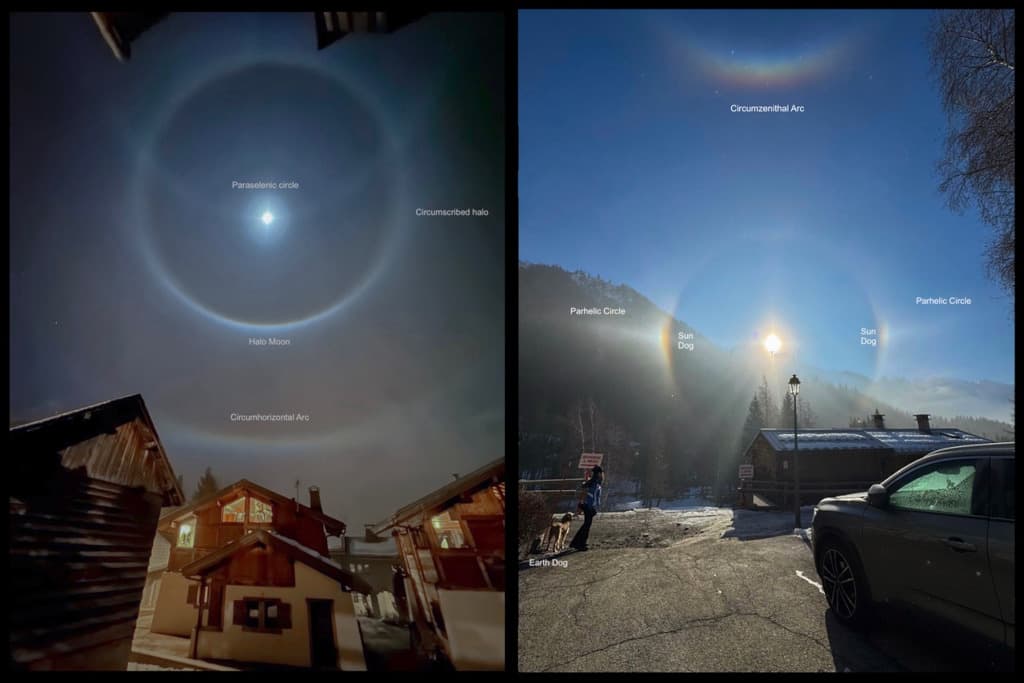 Ice Halos by Moonlight and Sunlight